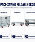 Hella Tough Collapsible Wire Storage Basket With Easy Roll Wheels Massive 3000 Pound Capacity Folding Metal Bin in upright and folded positions.