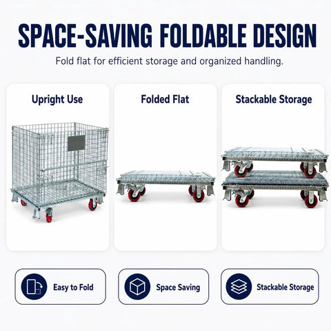 Hella Tough Collapsible Wire Storage Basket With Easy Roll Wheels Massive 3000 Pound Capacity Folding Metal Bin in upright and folded positions.