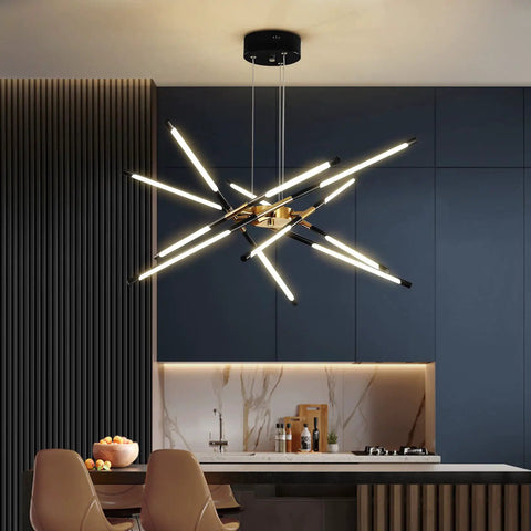 Modern gold sputnik LED chandelier pendant light fixture in kitchen setting, showcasing golden sputnik LED chandelier design.