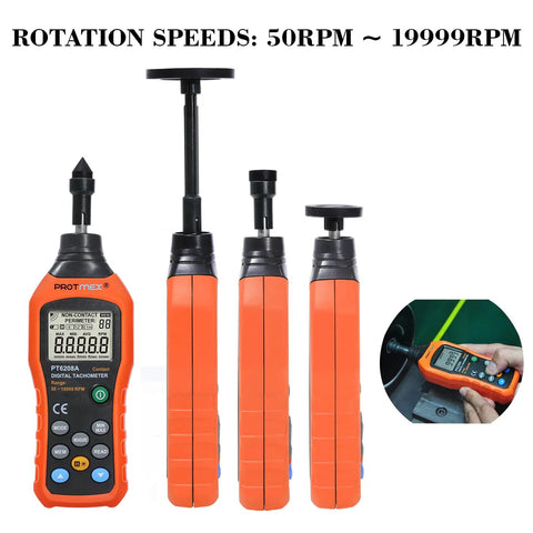 Built Like A Tank Digital Contact Tachometer Nails 50 To 19999 RPM with multiple contact tips for accurate speed measurements.