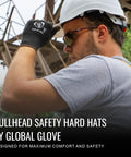 Worker wearing Bullhead safety hard hat and gloves, industrial background.