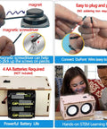 DIY Bluetooth Speaker Box Kit With Laser Cut Wood Case assembly showing parts, wiring, battery placement, and STEM learning application.