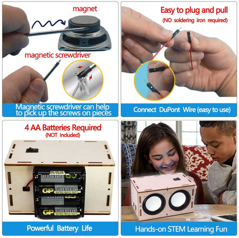 DIY Bluetooth Speaker Box Kit With Laser Cut Wood Case assembly showing parts, wiring, battery placement, and STEM learning application.