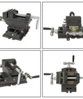 No Nonsense 3 Inch Cross Slide Vise Featuring X Y Dual Crank Handles in various angles on a workbench.