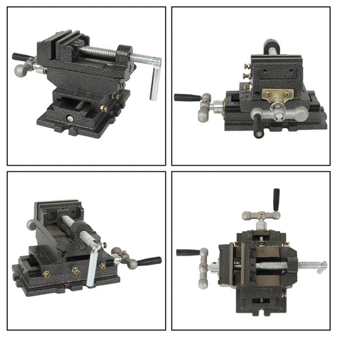 No Nonsense 3 Inch Cross Slide Vise Featuring X Y Dual Crank Handles in various angles on a workbench.
