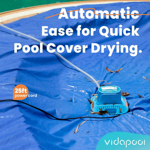 Half HP Pool Cover Pump With No Fuss Auto On Off Sensor, Submersible Sump Pump installed on blue pool cover with 25 ft power cord