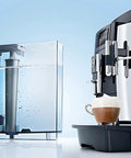 Top Shelf Smart Coffee Machine Water Filter With Integrated Rfid Chips Removes Limescale Heavy Metals And Chlorine Extends Appliance Lifespan For Slick Daily Brewing in use, showing water reservoir and brewed coffee.