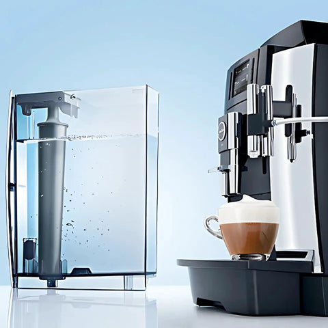Top Shelf Smart Coffee Machine Water Filter With Integrated Rfid Chips Removes Limescale Heavy Metals And Chlorine Extends Appliance Lifespan For Slick Daily Brewing in use, showing water reservoir and brewed coffee.