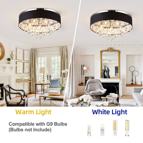 Flush Mount Ceiling Light Fixture 19.5 Inches Black Crystal Chandelier with fabric shade in warm and white light setting.