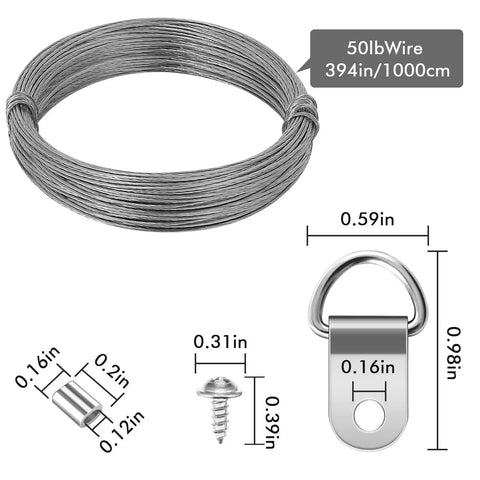Picture Hanging Hardware Kit With Wire And Loop Sleeves For Wall Art Mirrors And Frames 91 Piece Set with dimensions