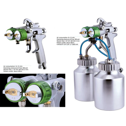 Pro Grade Double Head Pneumatic Spray Gun With Pressure Feed Setup Yields Crisp Coatings On Any Auto Or Industrial Job Site Featuring dual stainless steel nozzles and pressure feed.