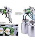 Heavy Duty Double Barrel Pneumatic Spray Gun, Rock Solid Pressure Feed Air Paint Rig, Pro Grade Stainless Steel Nozzle, 1.3Mm Tip, front view showing dual pressure gauges and stainless steel cups.