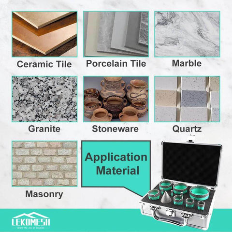 LEKOMESH 11pc diamond core drill bit set with triangle shank in metal case; tile materials grid shown