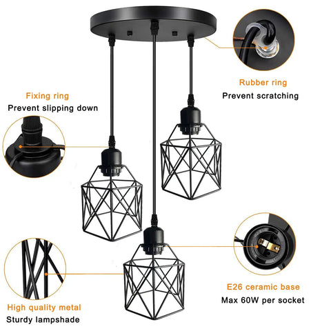 Industrial 3 Light Pendant With Adjustable Cords Vintage Farmhouse Black Metal Cage Light For Kitchen Dining Hallway E26 Base Ceiling Fixture with details