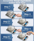 Step-by-step weighing on digital kitchen scale with 22lb capacity, precise 1g and 0.1oz increments, stainless steel tempered glass platform.