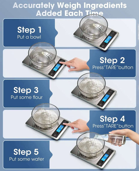 Step-by-step weighing on digital kitchen scale with 22lb capacity, precise 1g and 0.1oz increments, stainless steel tempered glass platform.