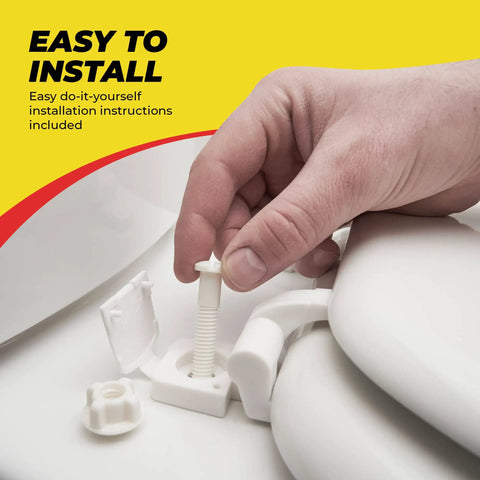 Person installing Durable Plastic Toilet Seat Screws Replacement Kit With Nuts And Bolts For Toilet Easy Install And Tight Secure Fit No Wobble Includes High Quality Hardware For Quick Fix By Qualihome