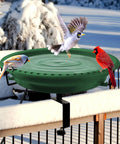Heavy Duty Heated Bird Bath For Deck Railing With Smart Thermostat featuring birds and water in winter setting.