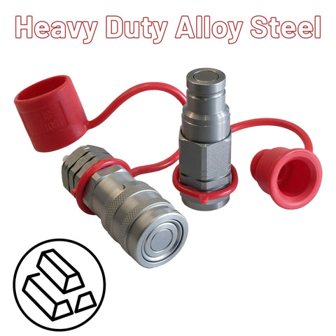 3/8 Inch Flat Face Hydraulic Quick Connect Coupler Set With 3/8 Inch NPT Thread ISO 16028 Standard And Dust Caps, heavy-duty steel