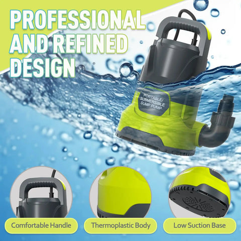Portable 1 HP Submersible Sump Pump 4500 GPH Water Transfer Pump With Adapters, yellow and black design, handle, thermoplastic body visible