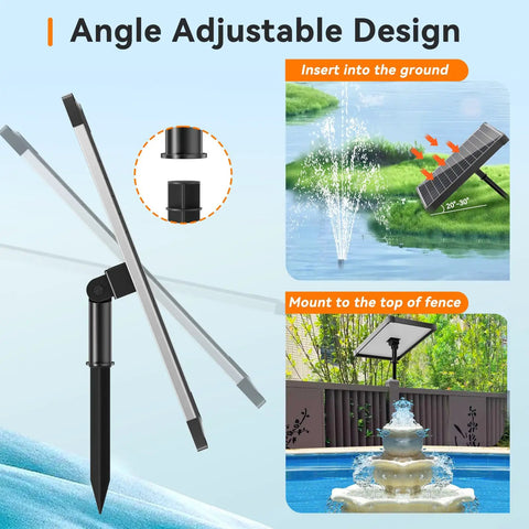 Angle adjustable design for 25W Solar Fountain Pump For Ponds With Filtration And Dry Run Protection, 410GPH Submersible Solar Pond Pump shown.