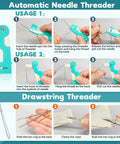 All In One Sewing Tool Kit With Automatic Needle Threaders And No Fuss Threaders For Quick Repairs Includes 33 Pcs Of Thread Snips Seam Rippers Drawstring Threaders Thimbles Needles And More From Lechchy, showing needle and drawstring threader uses.