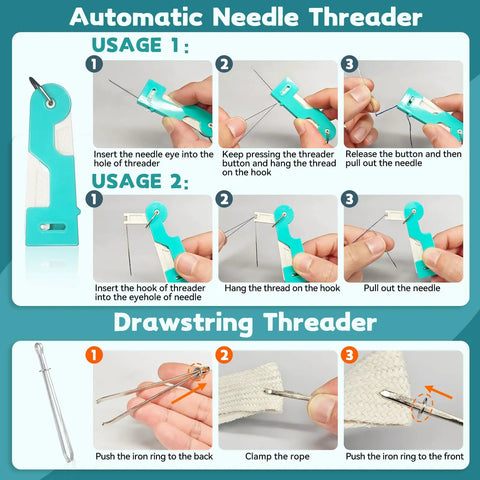 All In One Sewing Tool Kit With Automatic Needle Threaders And No Fuss Threaders For Quick Repairs Includes 33 Pcs Of Thread Snips Seam Rippers Drawstring Threaders Thimbles Needles And More From Lechchy, showing needle and drawstring threader uses.