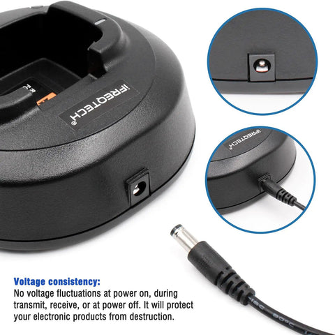 Universal 12V 1A Power Adapter For Motorola And Kenwood Radios showing plug and charging base connections.