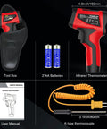 Digital Infrared Thermometer Gun With Probe For Non Contact Temperature Readings, Fast Laser Temp Gun For Cookin And Grillin On The Grill, Pizza Oven, Griddle And Meat, Adjustable Emissivity 0.1 To 1.0, 12:1 Distance To Spot, -40 To 1472 Fahrenheit with K-probe, batteries, pouch and manual