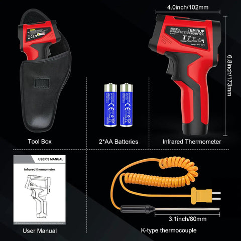 Digital Infrared Thermometer Gun With Probe For Non Contact Temperature Readings, Fast Laser Temp Gun For Cookin And Grillin On The Grill, Pizza Oven, Griddle And Meat, Adjustable Emissivity 0.1 To 1.0, 12:1 Distance To Spot, -40 To 1472 Fahrenheit with K-probe, batteries, pouch and manual