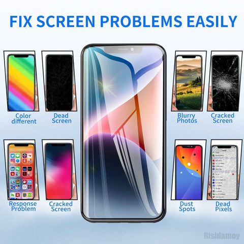IPhone XR 6.1 Inch Screen Replacement Kit With Earpiece And Proximity Sensor, LCD Display And 3D Touch Digitizer Front Assembly, Preassembled Earpiece, Fix Tool Magnetic Screw Mat, Model A1984 A2105 A2106 A2108 image showing various screen issues like color problems, dead pixels, and cracks.