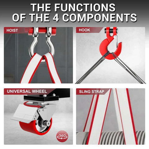 Components of Heavy Duty 3 Ton Gantry Crane With Upgraded 2026 Trolley including hoist, hook, wheel, sling strap, for factory use.