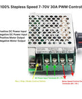 Heavy Duty 7 To 70 Volt 30 Amp Pwm Dc Motor Speed Controller For Brushed Motors with input and output terminals.