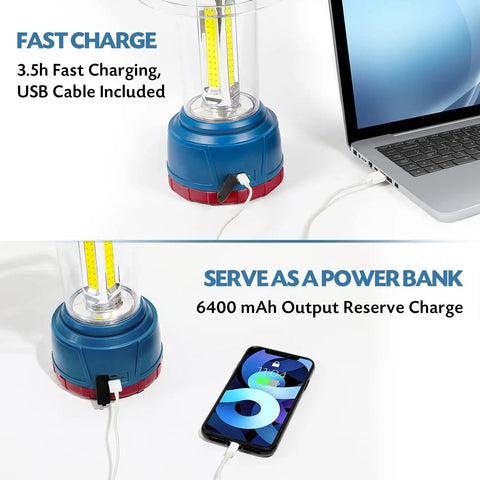 Beast Bright 3000 Lumen LED Camping Lantern With 5 Modes IP44 Waterproof 6400mAh Power Bank USB charging laptop and phone.