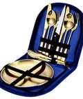 10 Piece Camping Utensils Set Stainless Steel Golden Cutlery Includes Steak Knife Fork Spoon Plates And Food Tongs Waterproof Bag