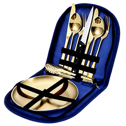10 Piece Camping Utensils Set Stainless Steel Golden Cutlery Includes Steak Knife Fork Spoon Plates And Food Tongs Waterproof Bag