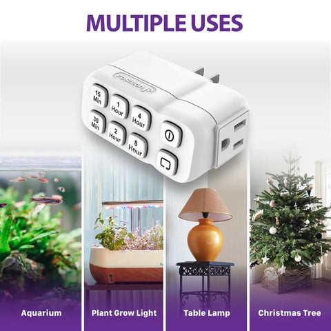 Foolproof Dual Outlet Countdown Plug In Timer For Indoor Lights And Appliances No Sweat Programmable Electric Socket showing button interface for multiple uses.