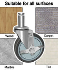 5 Inch Stem Locking Caster Wheels Set Of 4 For Wire Shelving Racks Heavy Duty With Brakes Non Marking Thermoplastic Rubber Wheels Each Caster Supports 350 Lb And Total Up To 1400 Lb shown on wood, carpet, marble, tile surfaces