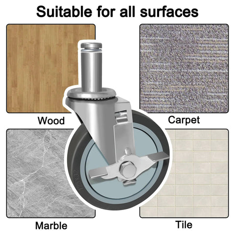 5 Inch Stem Locking Caster Wheels Set Of 4 For Wire Shelving Racks Heavy Duty With Brakes Non Marking Thermoplastic Rubber Wheels Each Caster Supports 350 Lb And Total Up To 1400 Lb shown on wood, carpet, marble, tile surfaces