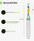 Sharpro carbide upcut router bit, 1/4" shank, 1/8" dia, 2-1/2" OAL, for aluminum/plastic/wood