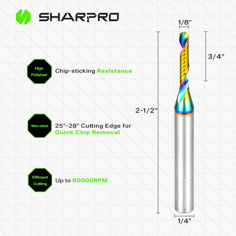 Sharpro carbide upcut router bit, 1/4" shank, 1/8" dia, 2-1/2" OAL, for aluminum/plastic/wood