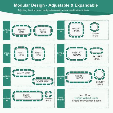 Diagram showing modular design options for Three In One Galvanized Raised Garden Bed Kit, 4 By 2 By 1 Feet, Two Pack Modular Planter Box.