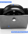Front view of 6x2 inch cast iron V-groove wheel inside a steel cover box