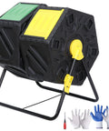 Dual Chamber Outdoor Compost Bin With 37 Gallon Capacity, BPA Free Plastic, Easy To Assemble, Heavy Duty PP Material, Two Big Compartments For Fast, Easy Soil Creation, Black, shown with accessories