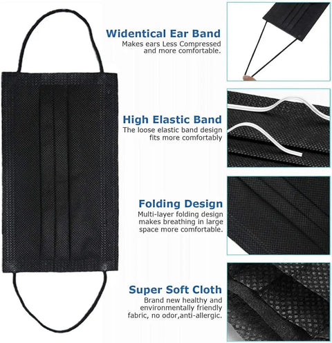 Black 3 Layer Disposable Face Masks Bulk Pack 500 Count ASTM Level 2 Medical Grade Protection Soft Elastic Earloops Comfortable Fit