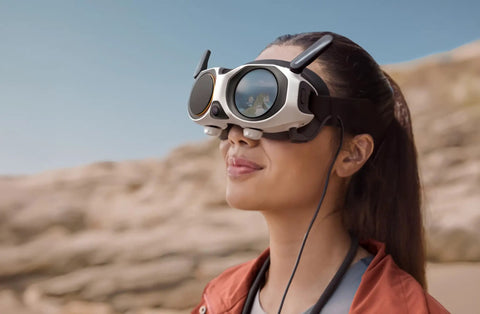 Person wearing VR headset for 8K 360 Drone Explorer Bundle With Invisible 360 Capture And No Guardrails For Unreal Creative Freedom Shoot Seamless 360 Footage Without Photobombing And Take Your Aerial Shots From Every Angle Like A Boss.
