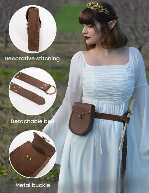 Snag This Kickass PU Leather Medieval Belt With Vintage Pirate Pouch Bag Heavy Duty Metal Clasp Adjustable Hip Fanny Pack For Renaissance Cosplay And Trail Runs Durable Brown Strap Fits Everyone Smooth Ride, featuring detachable belt and decorative stitching.
