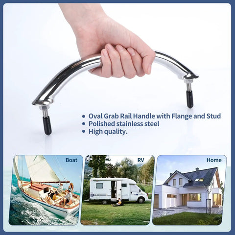 Hand holding Marine Grade 316 Stainless Steel 8 Inch Boat Grab Bar Polished Handrail Heavy Duty Mounting Hardware