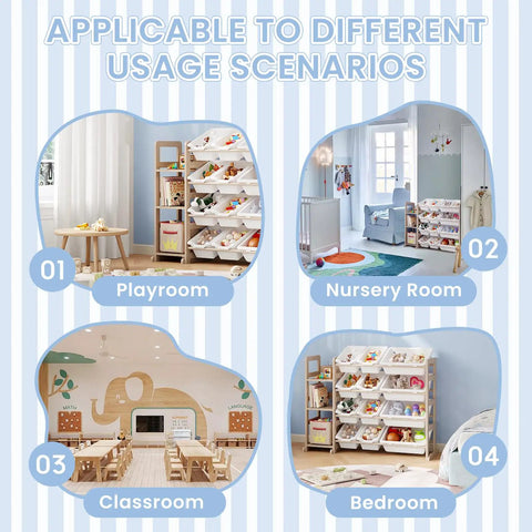 Collage showing Kiddo Friendly Toy Storage Organizer With Bookshelf, Three Shelves And Twelve Bins in playroom, nursery, and bedroom.
