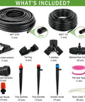 Drip Irrigation Kit For Garden And Lawn 213 Ft Easy Setup With components including tubes, nozzles, connectors, and scissors.